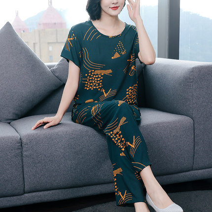 睡衣女夏季短袖薄款棉绸套装大码宽松时尚女款绵绸可外穿家居服女