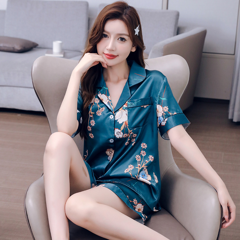 夏季清新薄款女士睡衣套装短袖短裤夏款冰丝丝绸清新甜美家居服