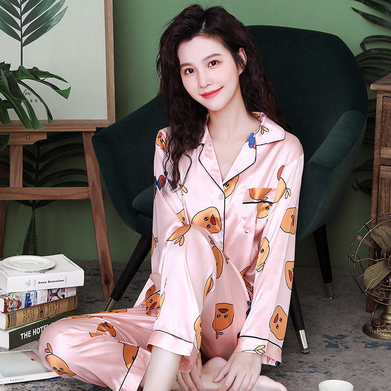 新款长袖丝绸睡衣女士夏季薄款套装简约休闲甜美冰丝家居服两件套