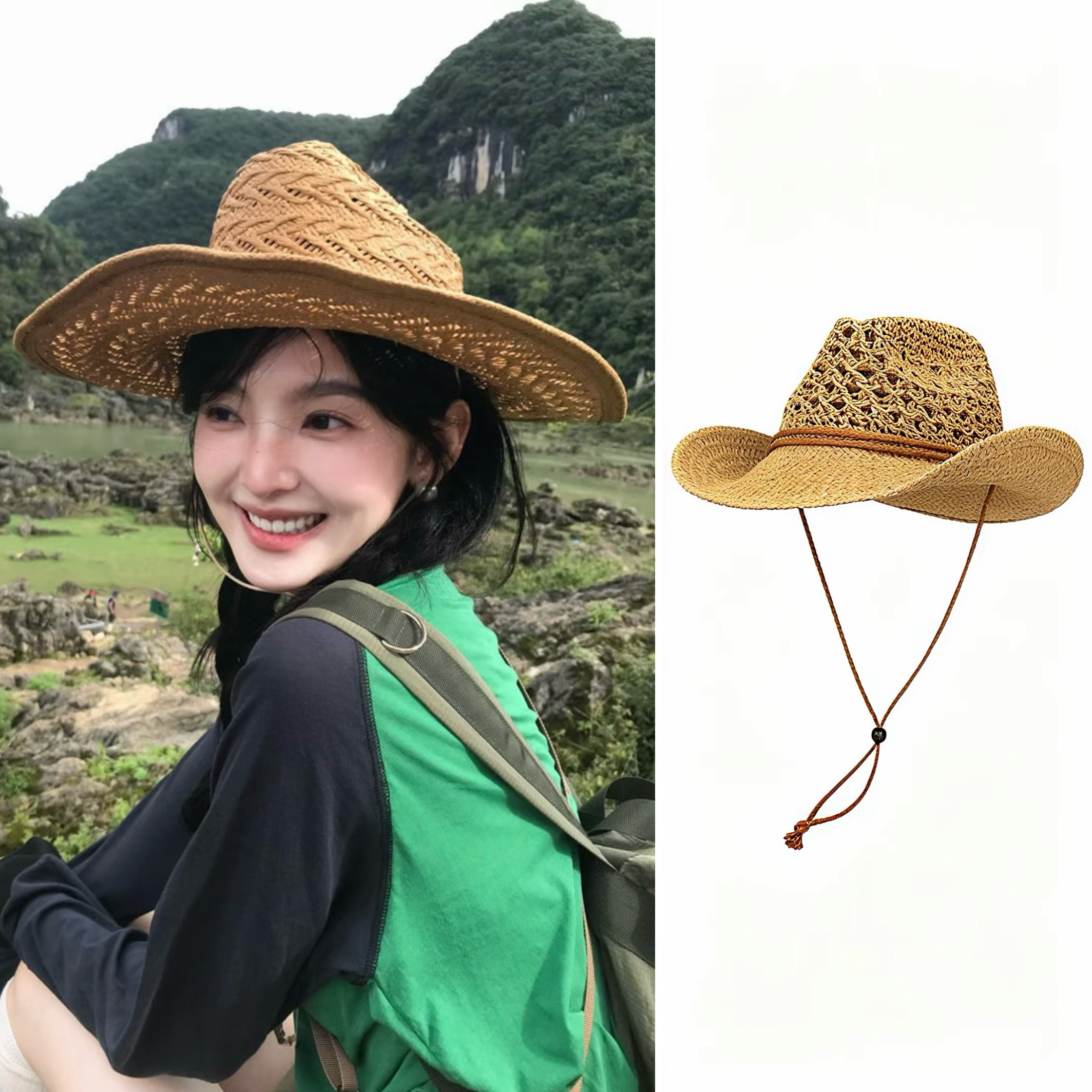章若楠同款西部牛仔帽夏季大檐草编帽遮阳户外登山露营防晒草帽女