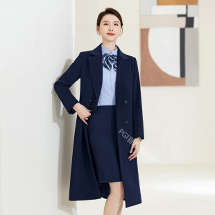 藏青色毛呢大衣女中长款呢子外套时尚气质修身工作服大衣女冬职业