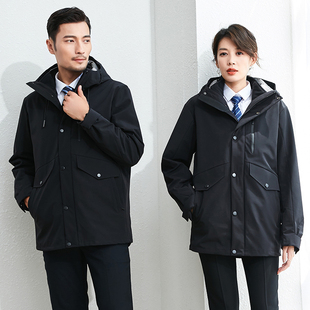工装羽绒服中长款男女同款黑色气质工作服银行4S店售楼部物业团购