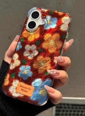 适用苹果17promax手机壳15pro复古花朵iphone14新款13简约12冰川