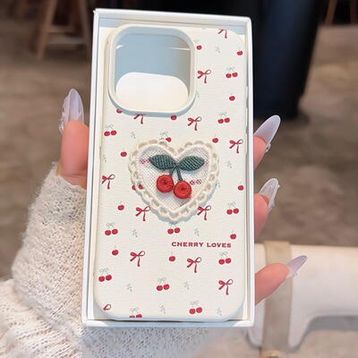ins韩风刺绣樱桃适用iPhone17pro