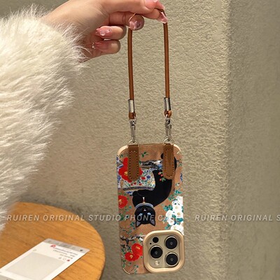 青花瓷牡丹黑猫适用iPhone17手机