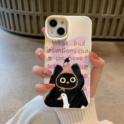 黑猫抱鸭适用苹果16手机壳iPhone