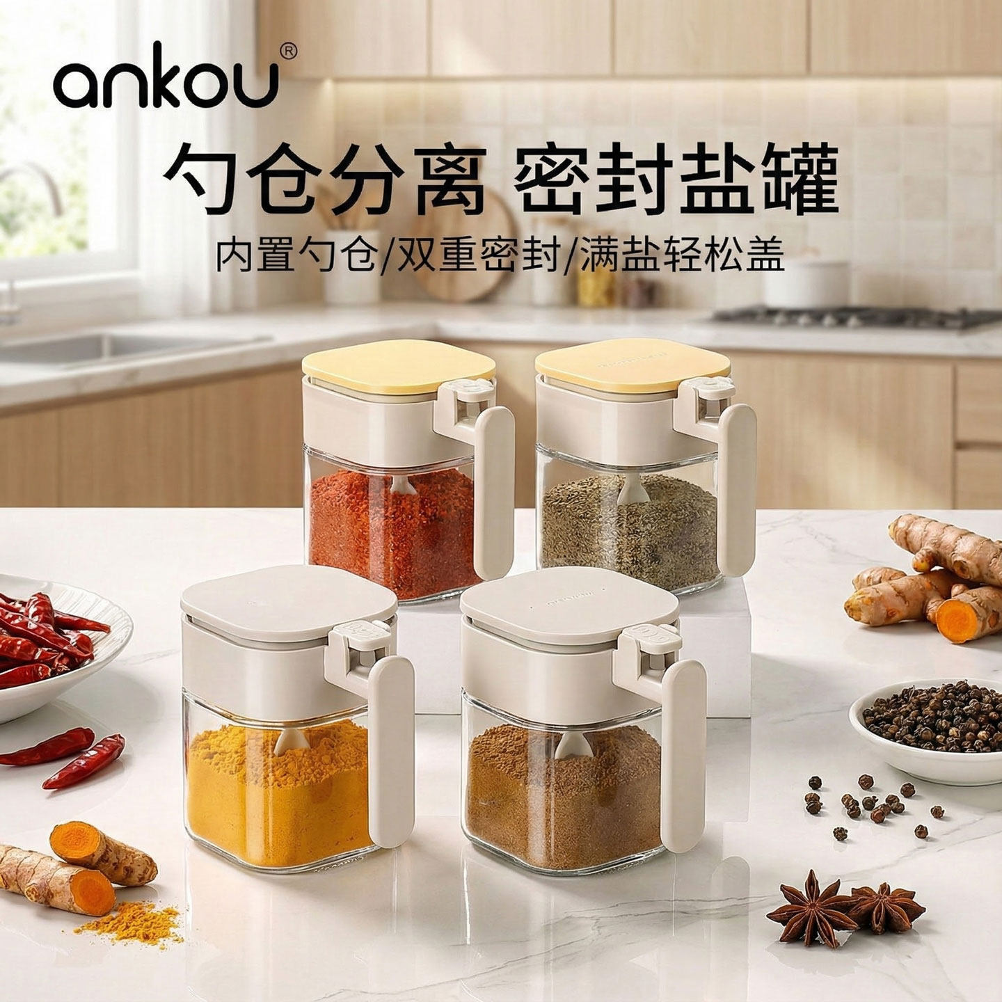 安扣新款调料盒密封防潮家用厨房调味料瓶盐罐味精勺料分离调料罐,厨房/烹饪用具,调味瓶罐/调料研磨器,淘宝优惠券,粉丝福利购,淘宝优惠卷