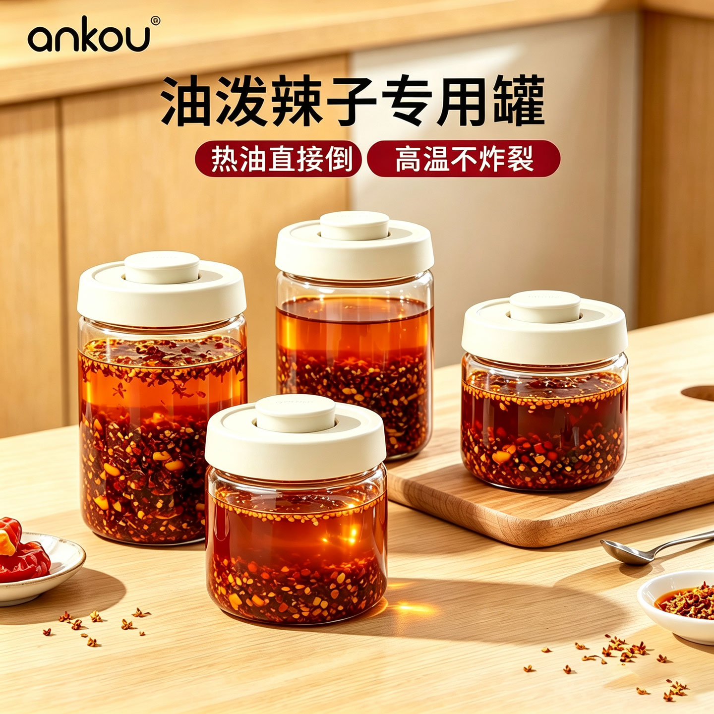 安扣油泼辣子专用罐家用食品级高硼硅玻璃耐高温加厚辣椒油密封罐