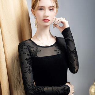 丝绒打底衫女修身内搭蕾丝植绒花朵中年妈妈洋气小衫长袖T恤上衣