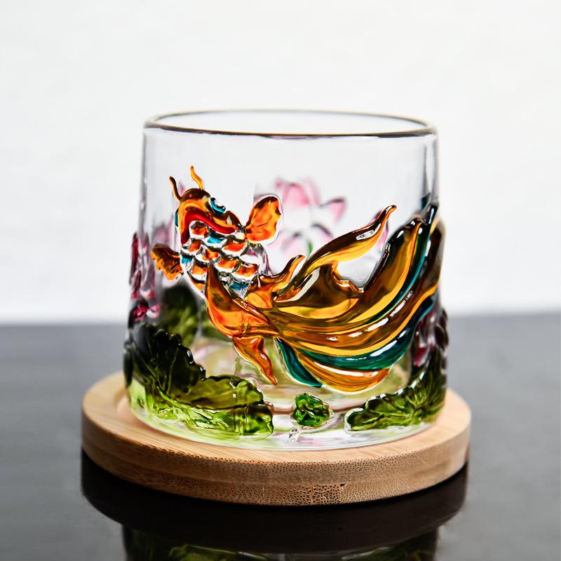 手工彩绘锦鲤荷花不倒翁转转杯