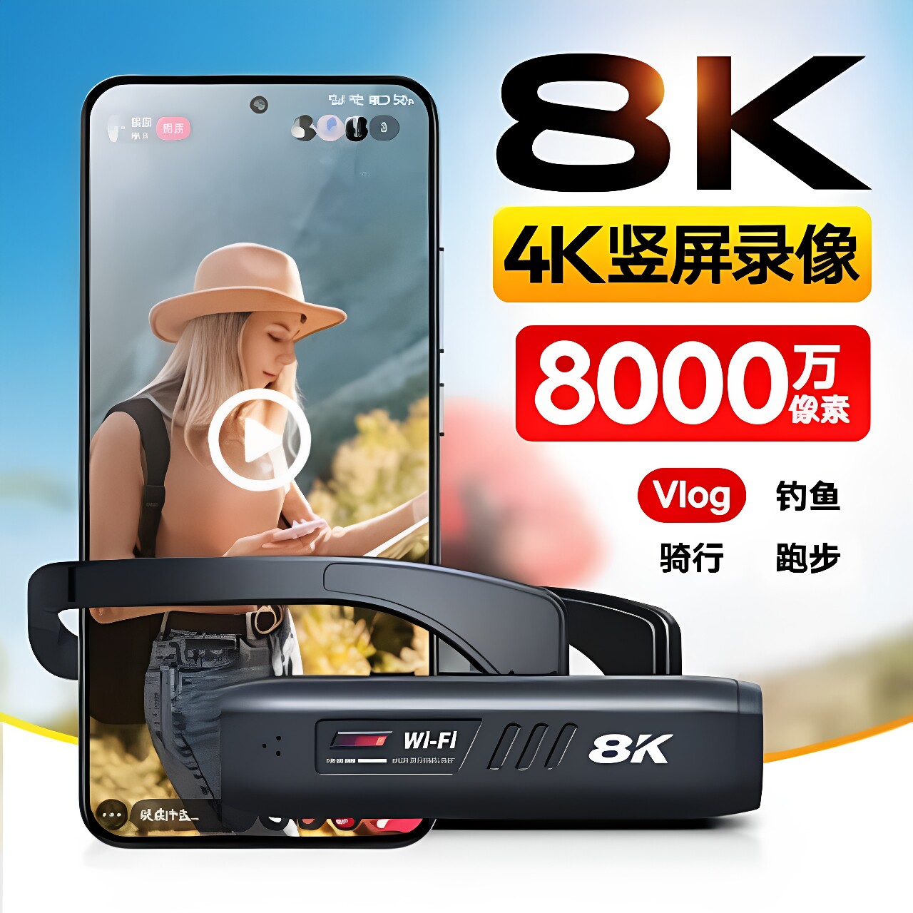新品头戴式8K高清防抖运动相机支持WIFI传输电动摩托车旅行可佩戴