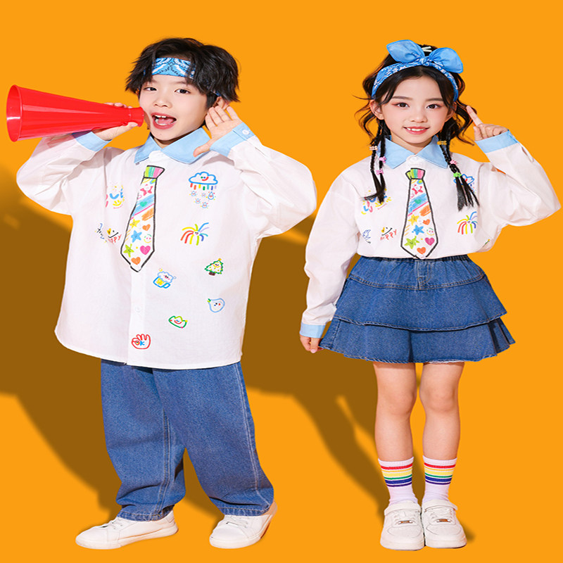 儿童啦啦队入场服装白色衬衫小学生运动会开幕幼儿园合唱演出班服