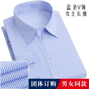 女士白底蓝色细条纹工装长袖衬衫银行职员方领条纹衬衣酒店工作服