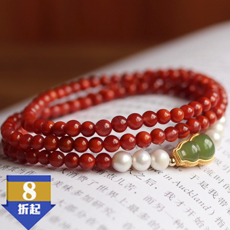天然满肉柿子红南红多圈手串搭配天然淡水珍珠款4mm南红玛瑙手链
