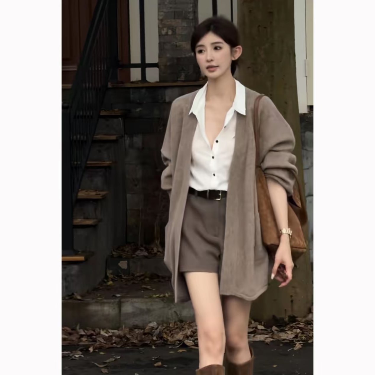 秋季一整套女装2025新款韩版中长款开衫外套白色衬衫高腰短裤套装