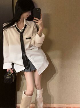 实拍实价 法式JK白色翻领上衣女纯欲风春秋季中长款休闲宽松衬衫