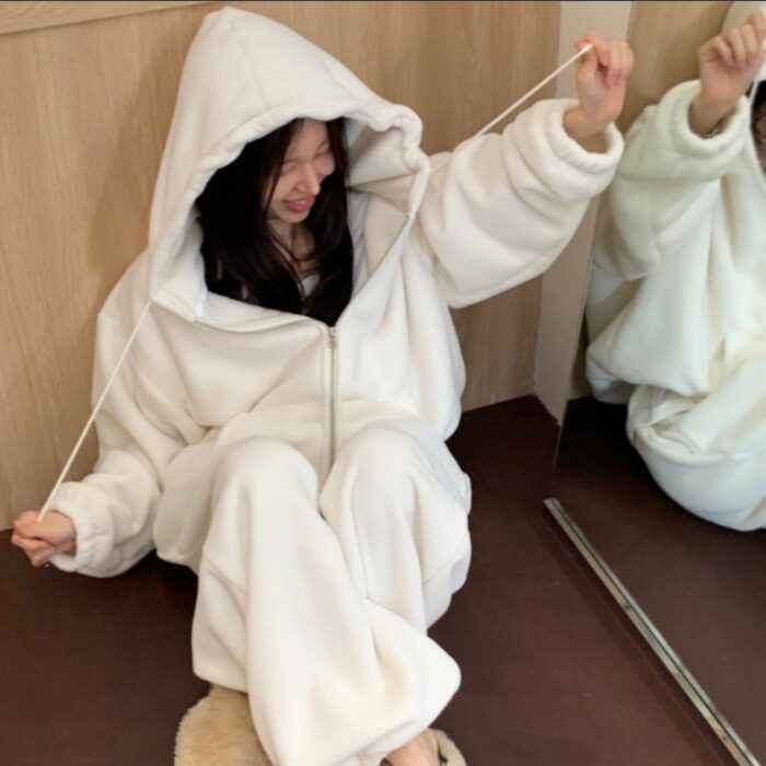 已出货   系带连帽毛绒抓绒拉链卫衣外套+长裤    2件套