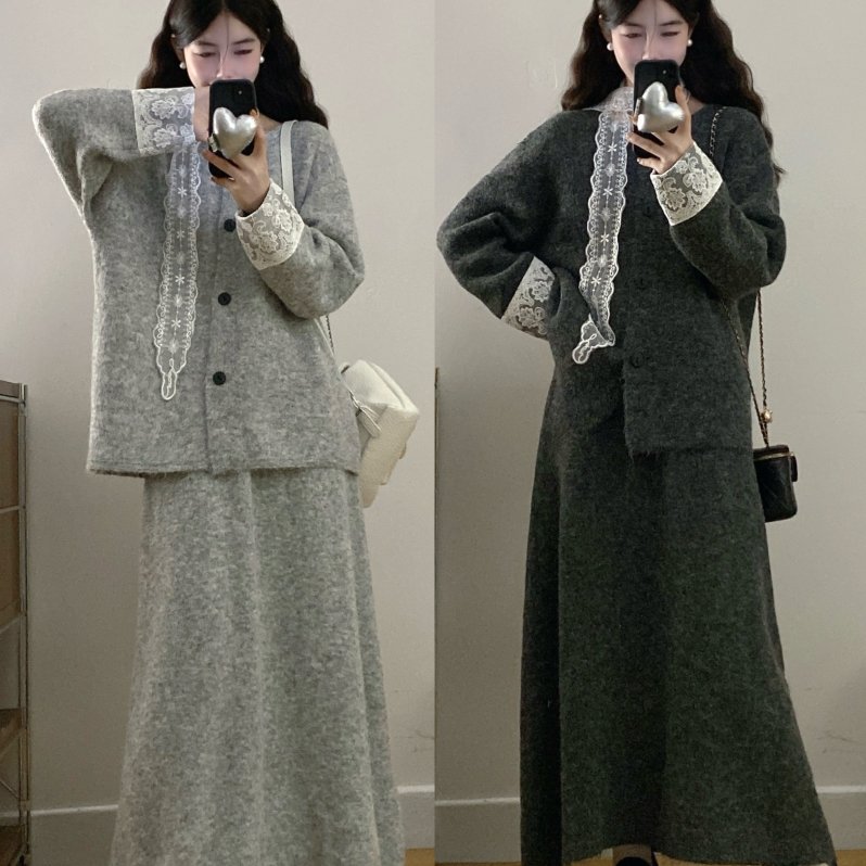 实拍大码女装秋冬新气质蕾丝拼接长袖毛衣上衣+显瘦半身裙两件套