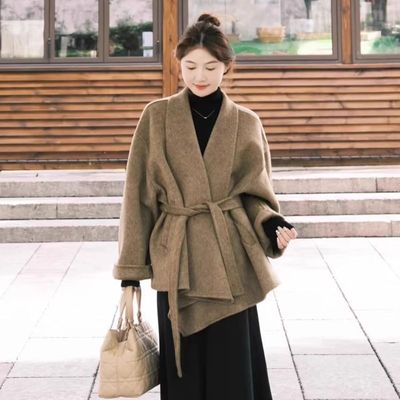 原版质量新款韩版中长款小个子羊毛大衣女浴袍款系带收腰毛呢外套