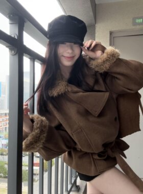 WESTAYONE毛领加厚毛呢大衣外套女士小个子高级