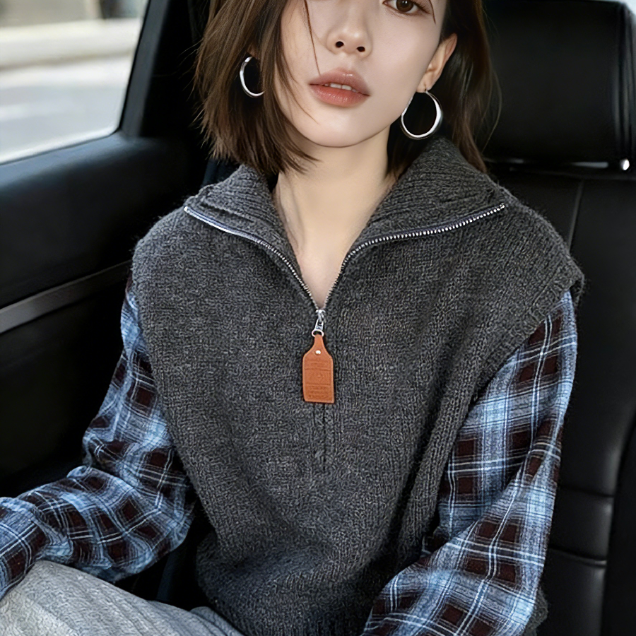 秋冬新款2025女装假两件毛衣格子拼接长袖半拉链翻领针织衫