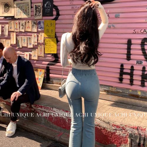 ACHI大也池棉质蓝色提臀牛仔裤女弹力亲肤修身长裤高腰微喇叭裤子