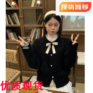 宋正恩黑色圆领麻花针织开衫外套女冬季新款高级感宽松百搭上衣潮