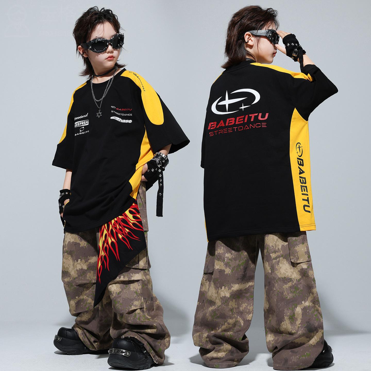 街舞儿童潮服夏装架子鼓嘻哈hiphop迷彩舞蹈走秀演出套装表演服装