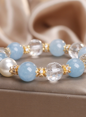 天然海蓝宝白水晶转运手链女款