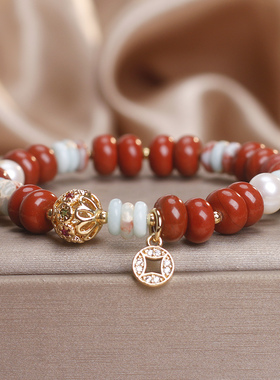 红石珍珠钱币招财算盘珠手链女