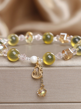 天然黄色糖心玛瑙招财手链女款新中式葫芦财字吊牌水晶手串送闺蜜