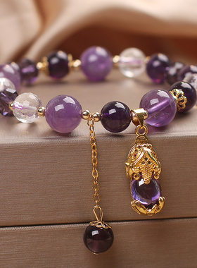 国潮民族天然紫水晶串珠手链女