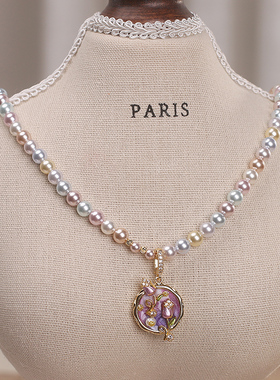 法式复古油画玫瑰吊坠珍珠项链女
