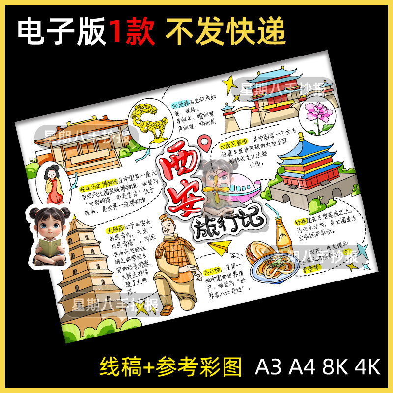 西安旅行记手抄报电子模板西安名胜古迹导览图暑假旅游导游图线稿