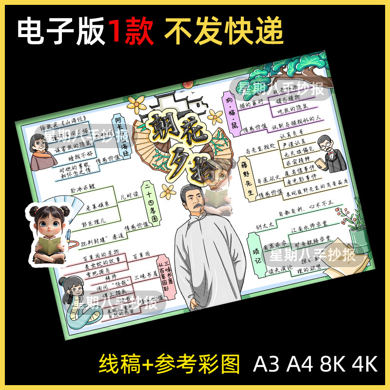 朝花夕拾思维导图手抄报模板好书推荐课外阅读鲁迅七年级读书小报