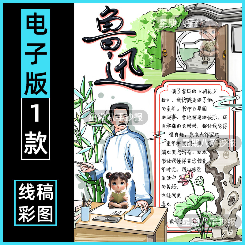鲁迅手抄报小学生走进鲁迅历史名人传记杰出人物线稿小报电子版a4