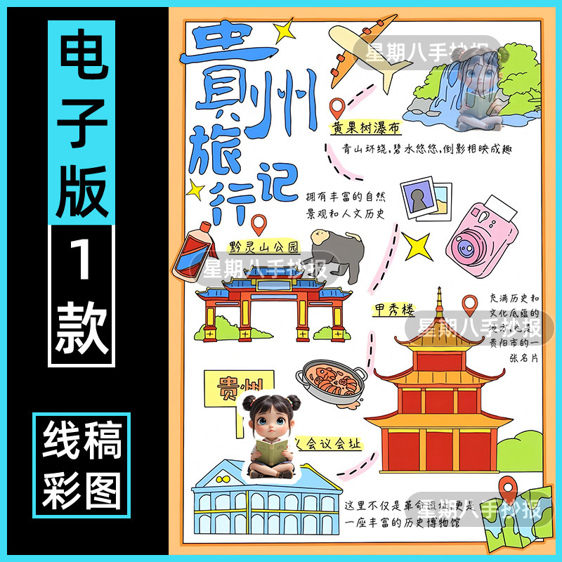 贵州旅行记手抄报贵州名胜古迹导览图假期旅游导游图涂色电子小报