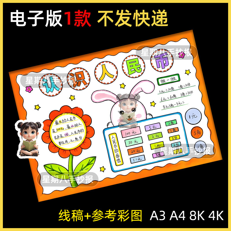 认识人民币钱币手抄报小学生一二年级趣味数学主题涂色线稿儿童画