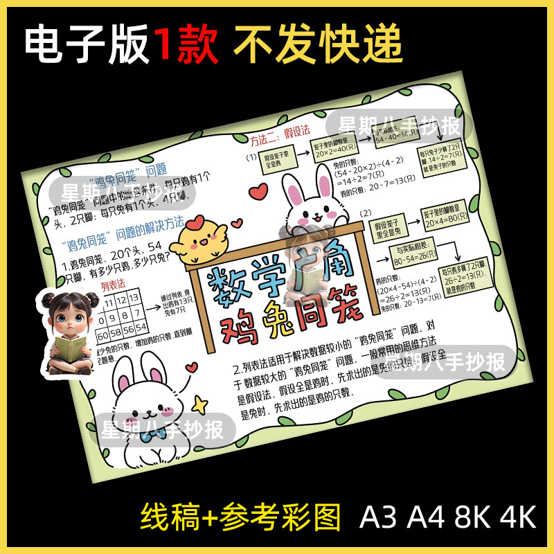 数学广角鸡兔同笼手抄报电子模板小学生四年级下册九单元线稿小报