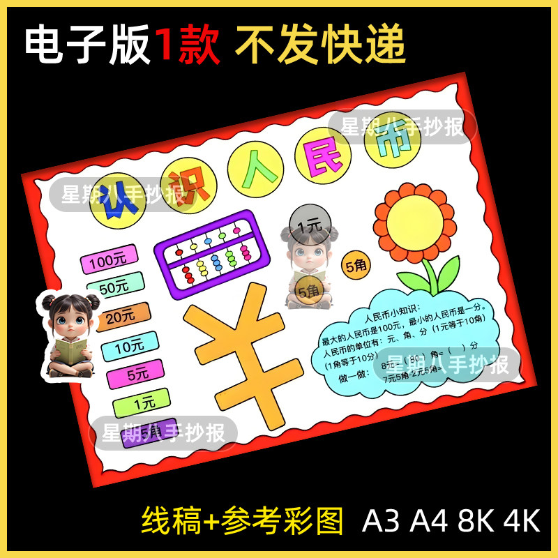 认识人民币手抄报模板电子版小学生一二年级元角分数学小报线稿a4