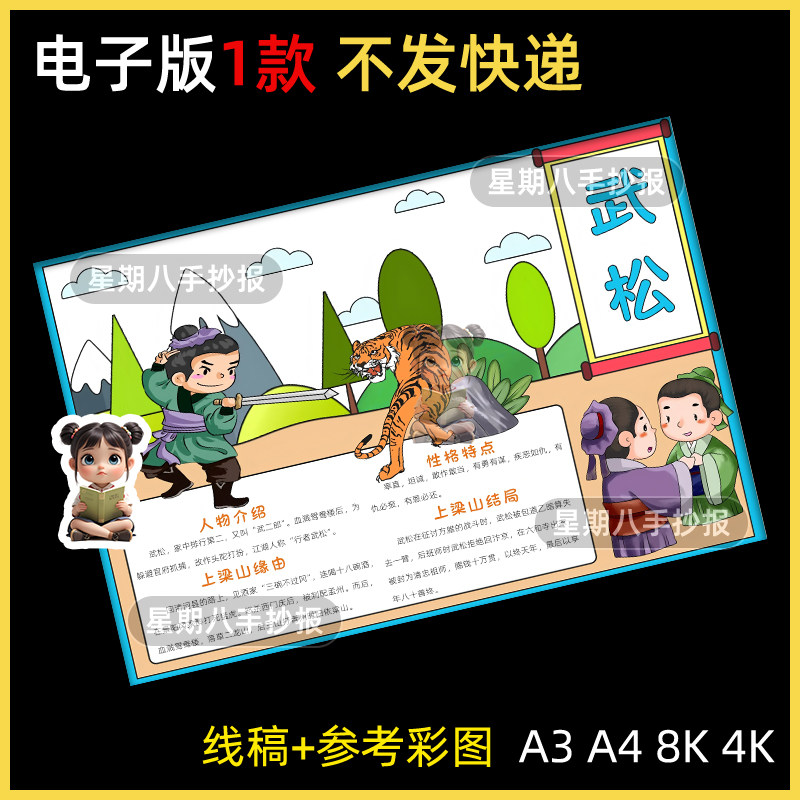 水浒传武松人物卡名片手抄报模版小学生四大名著好书推荐读书卡片