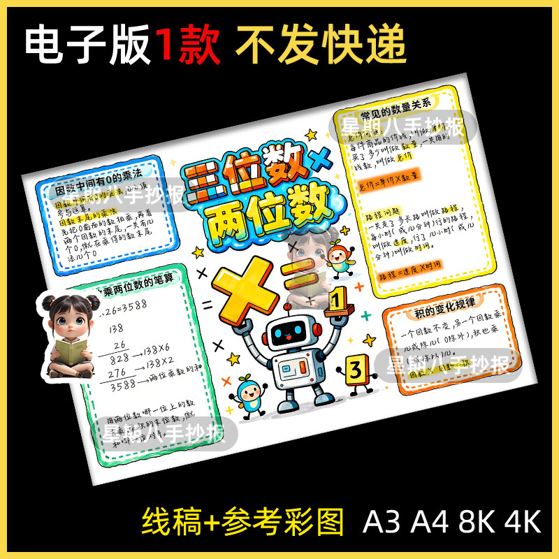 三位数乘两位数数学小报思维导图数学四年级上册第四单元手抄报A4