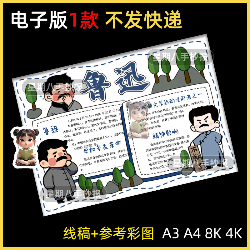 朝花夕拾鲁迅好书推荐阅读小报名人人物介绍卡绘画手抄报线稿模板