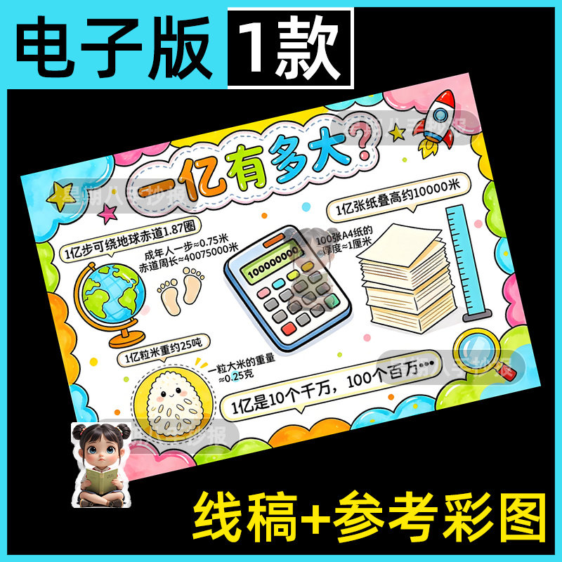 一亿有多大手抄报模板电子版四年级上册生活中大数认识小报线稿a4