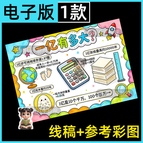 一亿有多大手抄报模板电子版四年级上册生活中大数认识小报线稿a4