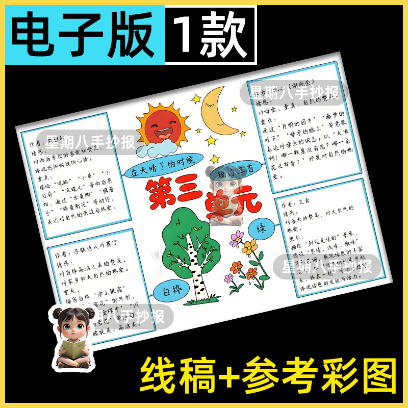 语文四年级下册第三单元思维导图模板电子版诗歌学生手抄报线稿a4