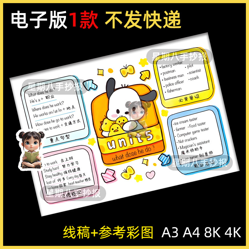 职业介绍英语手抄报人教版六年级五单元what does he do小报线稿