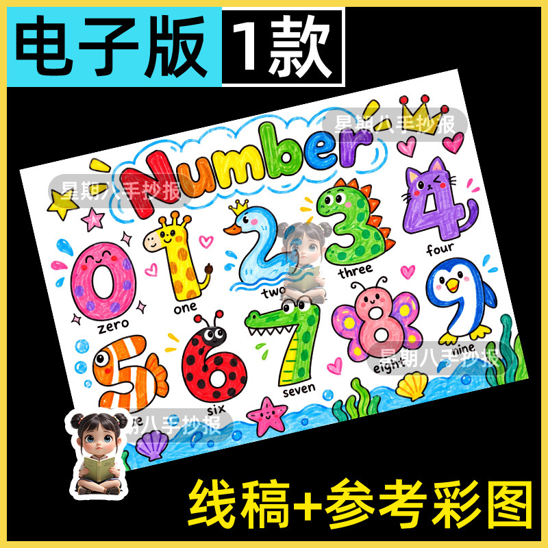 英语Numbers手抄报模版0-9数学三年级趣味创意数字儿童画电子版a4