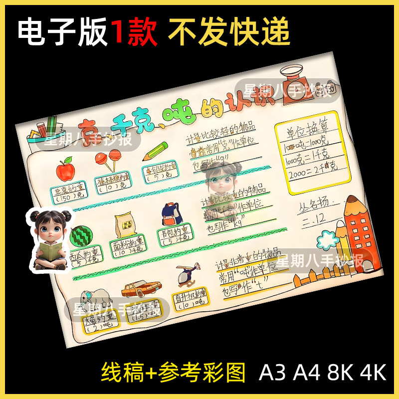 克千克与吨的认识手抄报模板电子版三四年级重量单位数学小报线稿