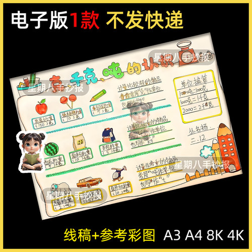 克千克与吨的认识手抄报模板电子版三四年级重量单位数学小报线稿